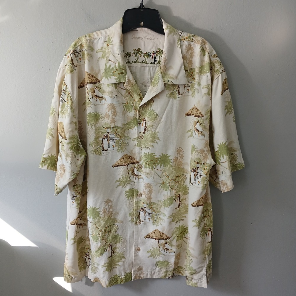 Tommy Bahama Mens Size XL Penguin Holiday‎ Shirt 100% Silk Button Down Shirt Tan